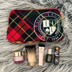 6 Pc Estee Lauder Skincare/Make-up Gift Set plaid bag New!